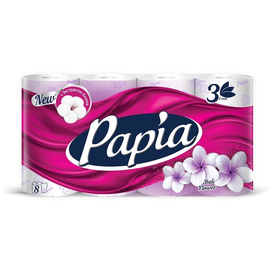 Papia туалетная бумага Bali Flower 3-слойный 8 шт, первичная целлюлоза